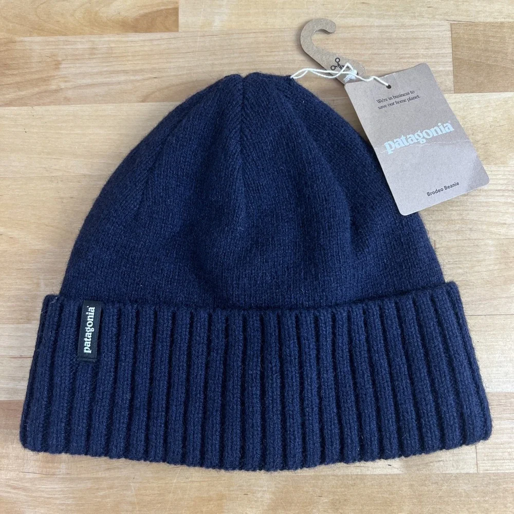 Patagonia Brodeo Beanie Hat One Size Wool Blend Navy Blue Ribbed Cuff NEW